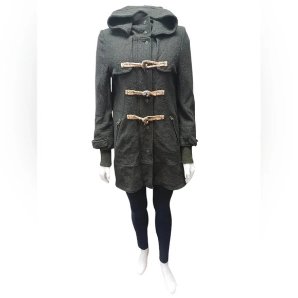 Free People EUC Dark Green Hooded Wool Blend Coat Size S/P - Picture 2 of 12